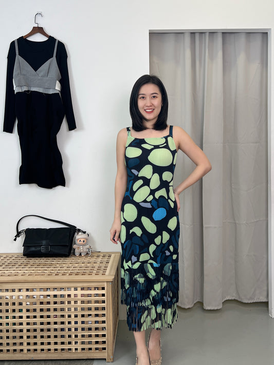 Pleated Art Print Fringes Dress