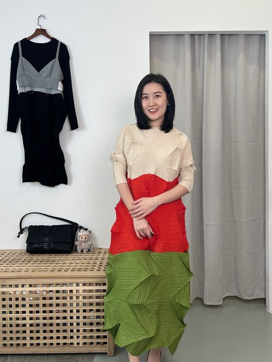 Pleated Diamond 3 Tone Dress
