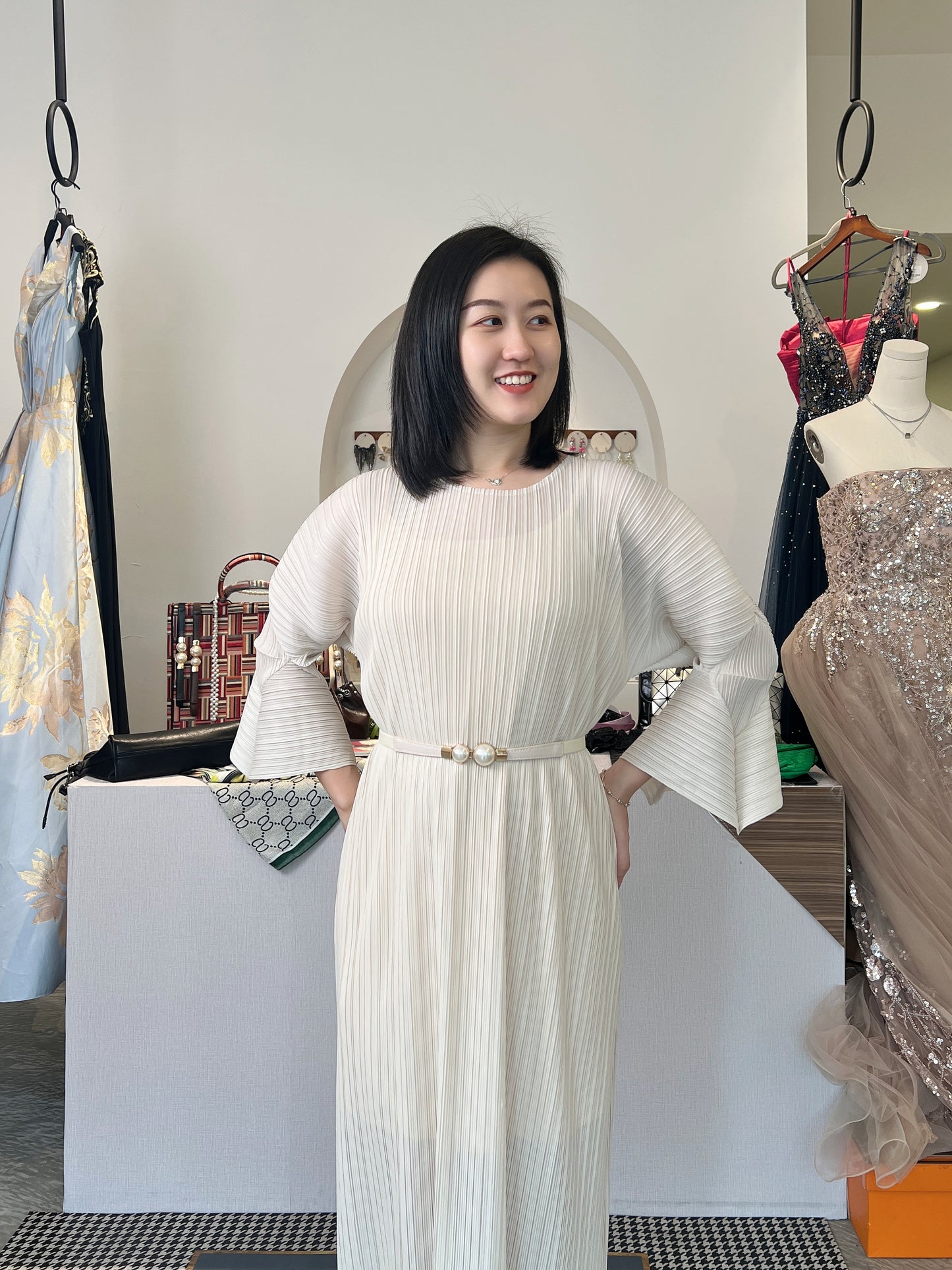Pleated Floral Sleeve Dress