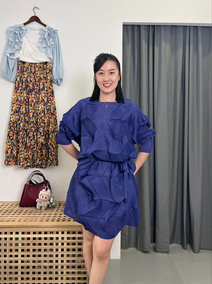Pleated Diamond Dress with Belt