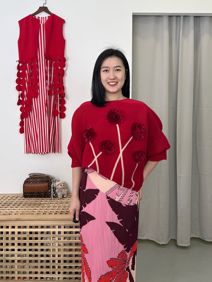 Pleated 3D Floral DD Blouse