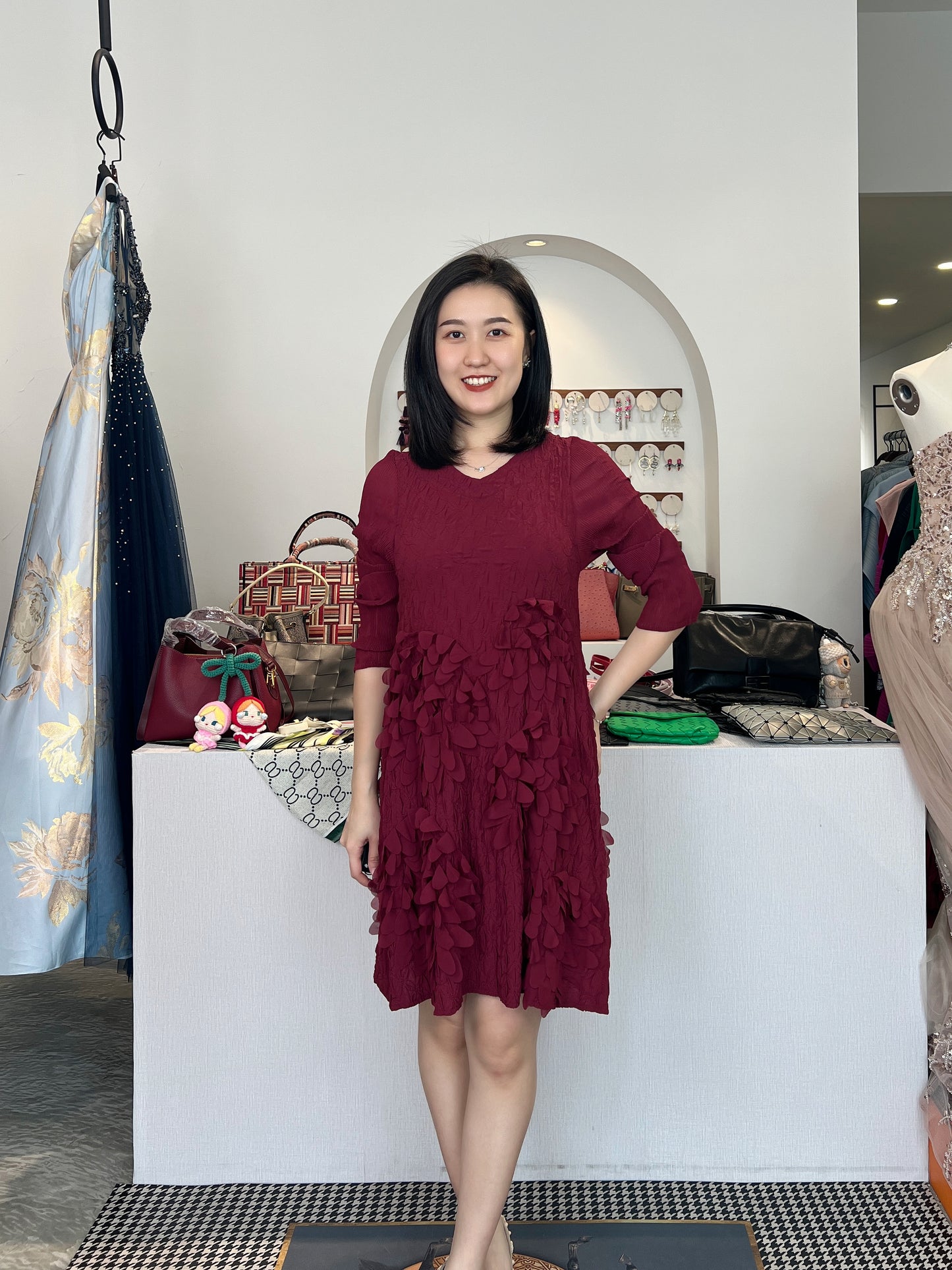 Pleated 3D Floral Dress