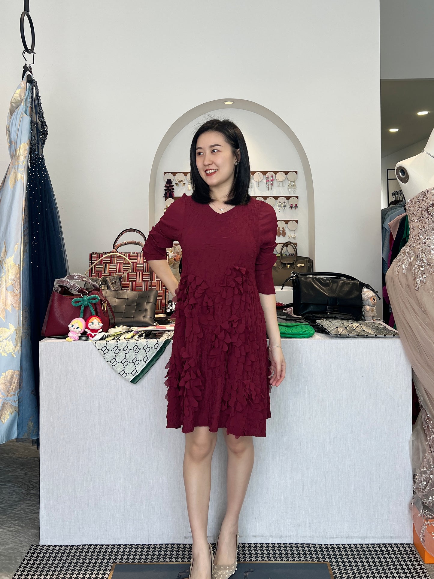 Pleated 3D Floral Dress